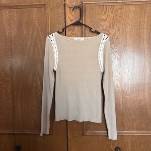 LOFT Women's Beige Long Sleeve Top with White Accents